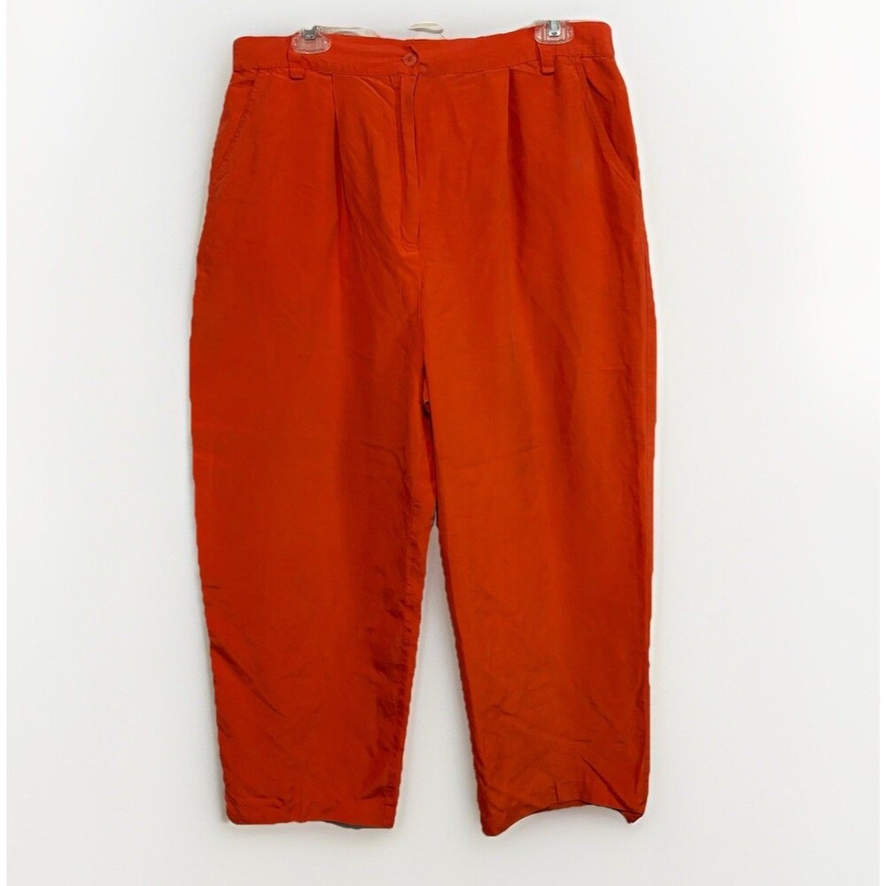 Vintage 100% Silk Orange High Waisted Pleated Trouser Pants Classic Colorful